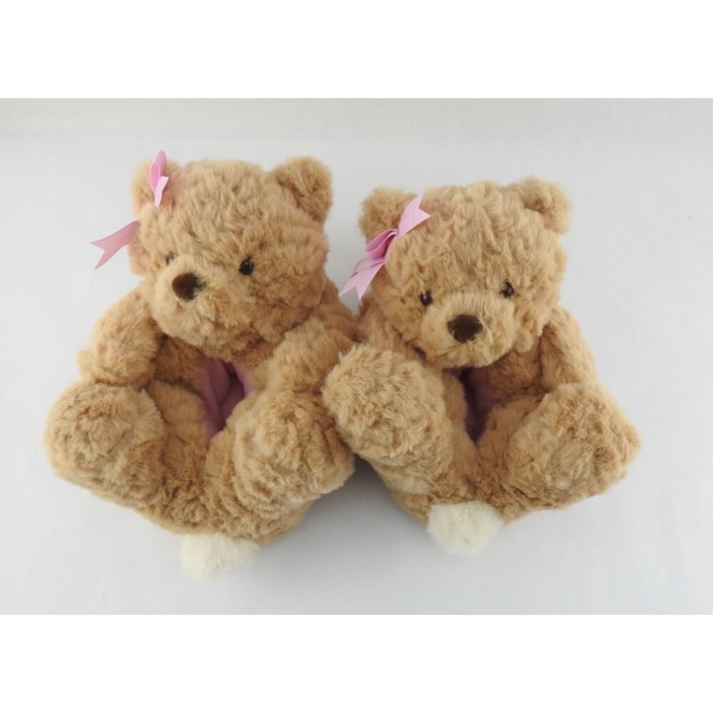 New Plush Teddy Bear Slippers Toddler Size 7 8 Soft Cozy Indoor Shoes Pink Bow